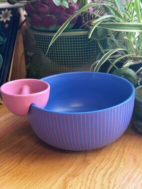 Typo Double Dip Stoneware Serving Bowl, Fuchsia Dark Blue Stripe with Pink Dippy